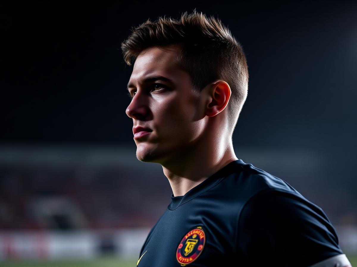 Player portrait lit from the side on the pitch